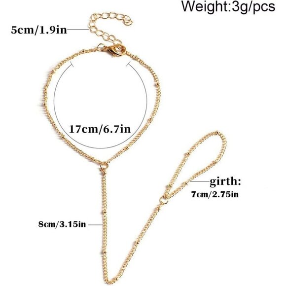 Gold Hand Chain Beads Bracelet for Women Cubic Zirconia Finger Ring - Picture 2 of 7